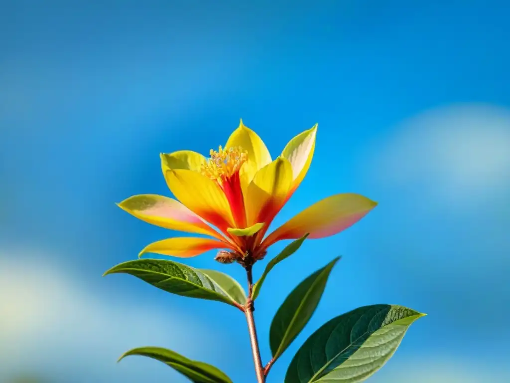 Detallada flor de árbol 'Lapacho' nativa de Uruguay, con pétalos rosados y amarillos en un fondo de hojas verdes y cielo azul