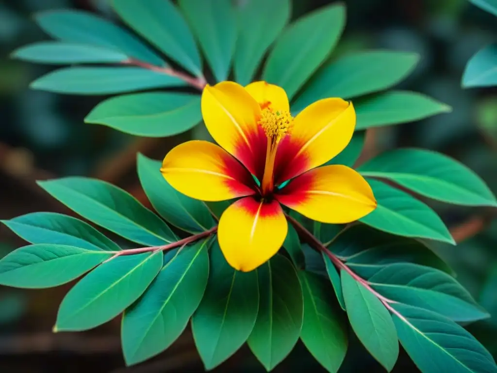 Detallada flor roja y amarilla del árbol 'Ceibo del Uruguay' destacando sus pétalos y hojas verdes