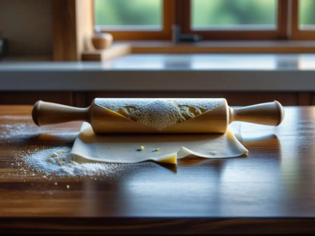 Detallada foto de un rodillo de madera para pasta, envejecido y cubierto de harina, sobre una encimera