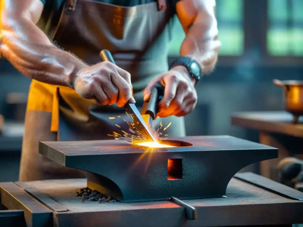 Detallada imagen de un herrero experto moldeando metal caliente en un yunque, en un taller artesanal