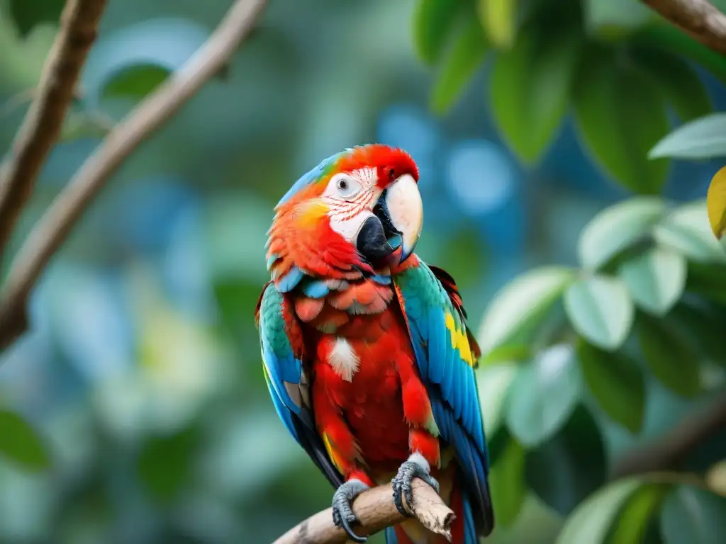 Detallada imagen de guacamayo escarlata en rama, plumaje vibrante bajo el sol