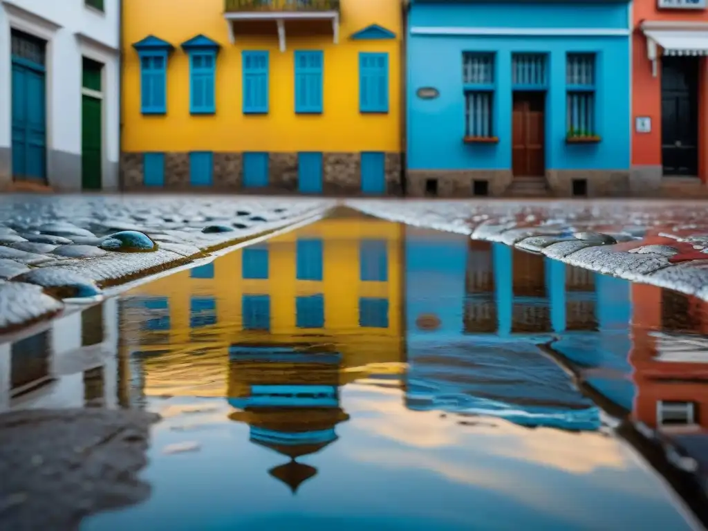 Fotografía detallada de la lluvia creando ondas en charco urbano en Uruguay, reflejando edificios coloniales y sombrillas