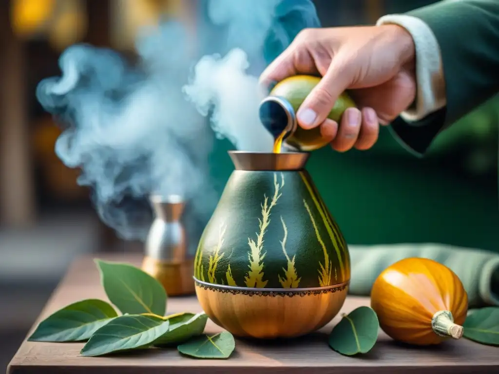 Preparación detallada del mate uruguayo: agua caliente sobre hojas de yerba en un mate tradicional