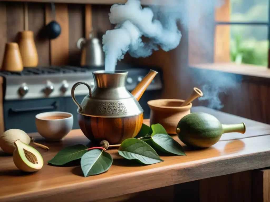 Preparación detallada de mate uruguayo en una cocina acogedora