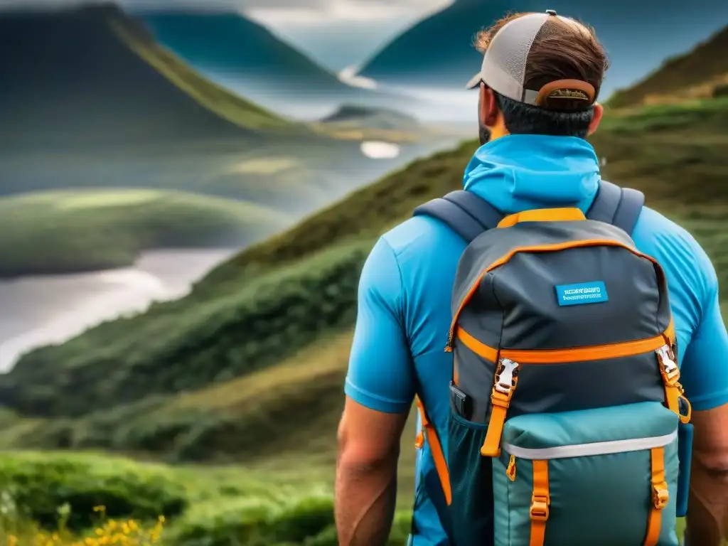 Detallada mochila con sistemas de almacenamiento de agua en paisajes de Uruguay