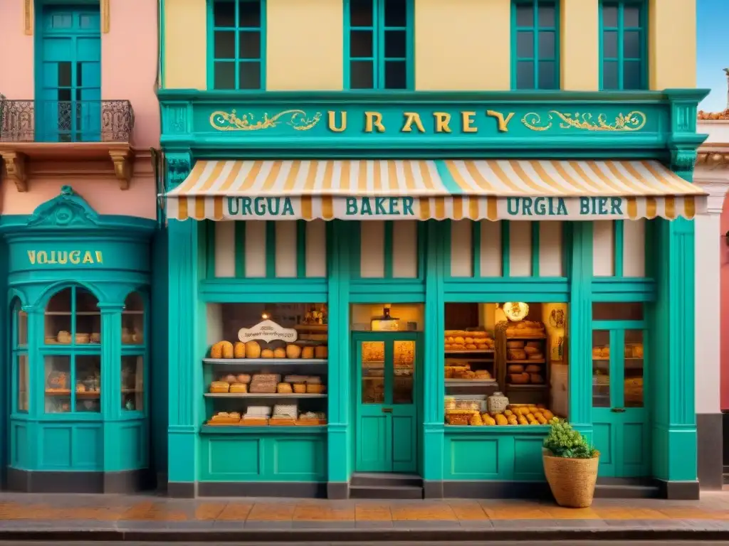 Fotografía detallada de una panadería tradicional uruguaya, con letreros pintados a mano y arquitectura vintage