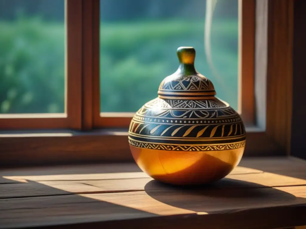 Detallada calabaza mate uruguaya tallada, reposando sobre mesa rústica