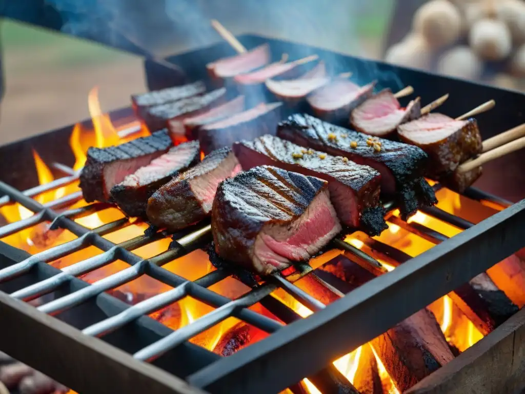 Detallado asado uruguayo en la estancia: carnes jugosas y fuego crean una escena rústica y cautivadora al atardecer