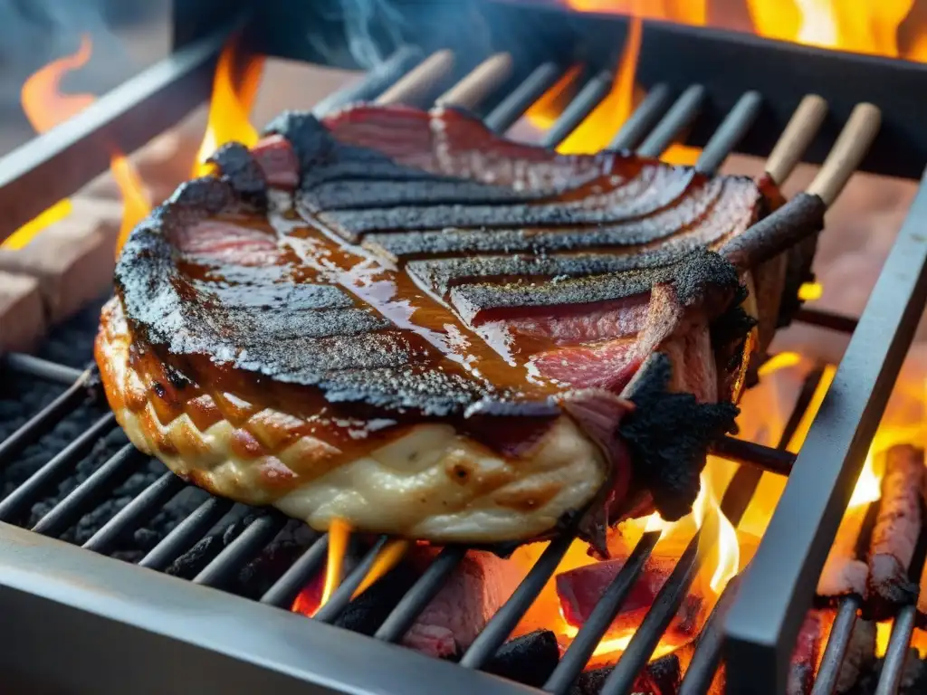 Detallado asado uruguayo en parrilla de leña, resaltando cortes suculentos y crujiente costra, platos típicos festividades Uruguay