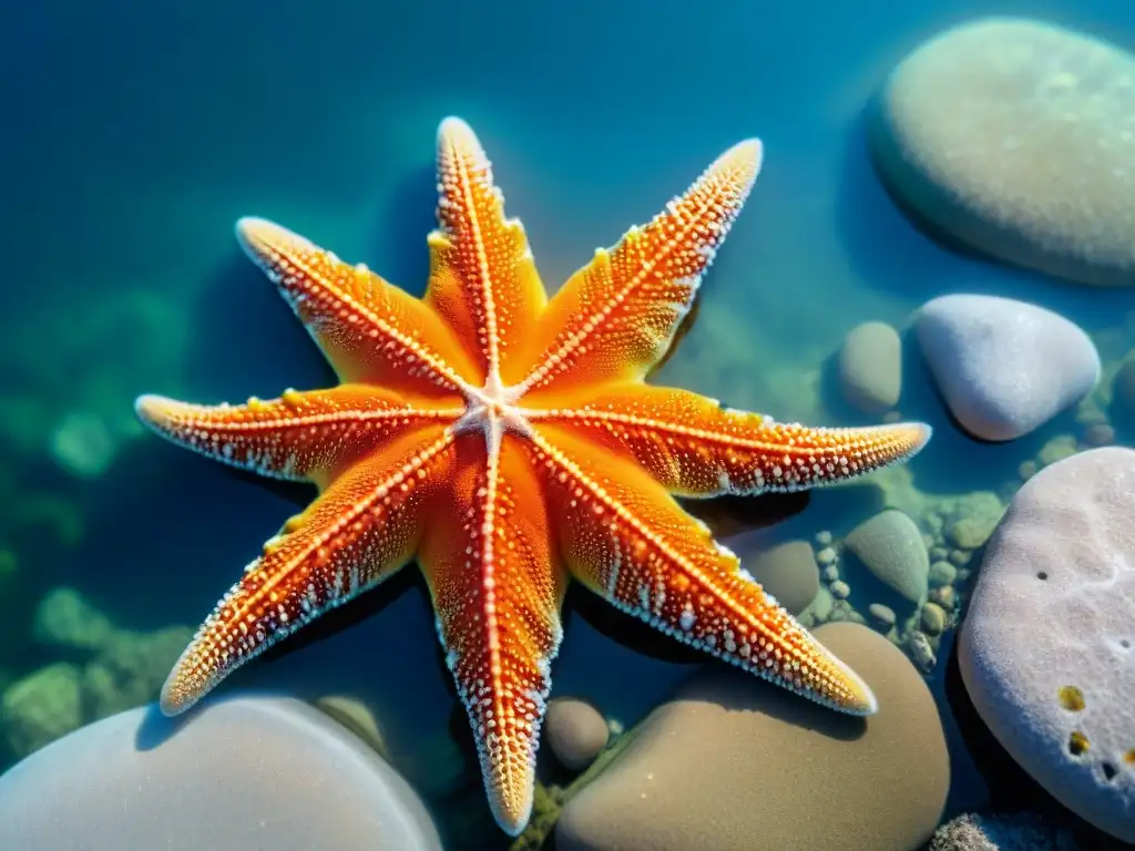 Detallado close-up de una estrella de mar naranja en Punta del Diablo santuario natural, bajo el cielo azul reflejado en el agua cristalina