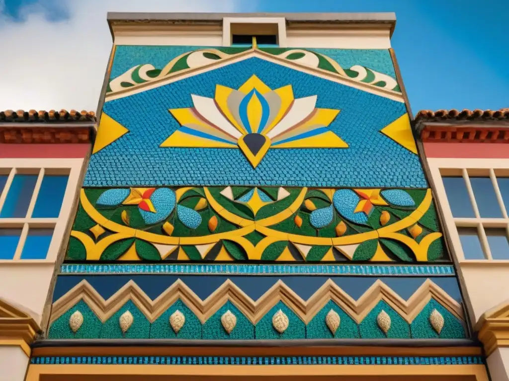 Detallado mosaico del Museo Figari en Uruguay, reflejando colores vibrantes y motivos culturales en homenaje al legado artístico del país