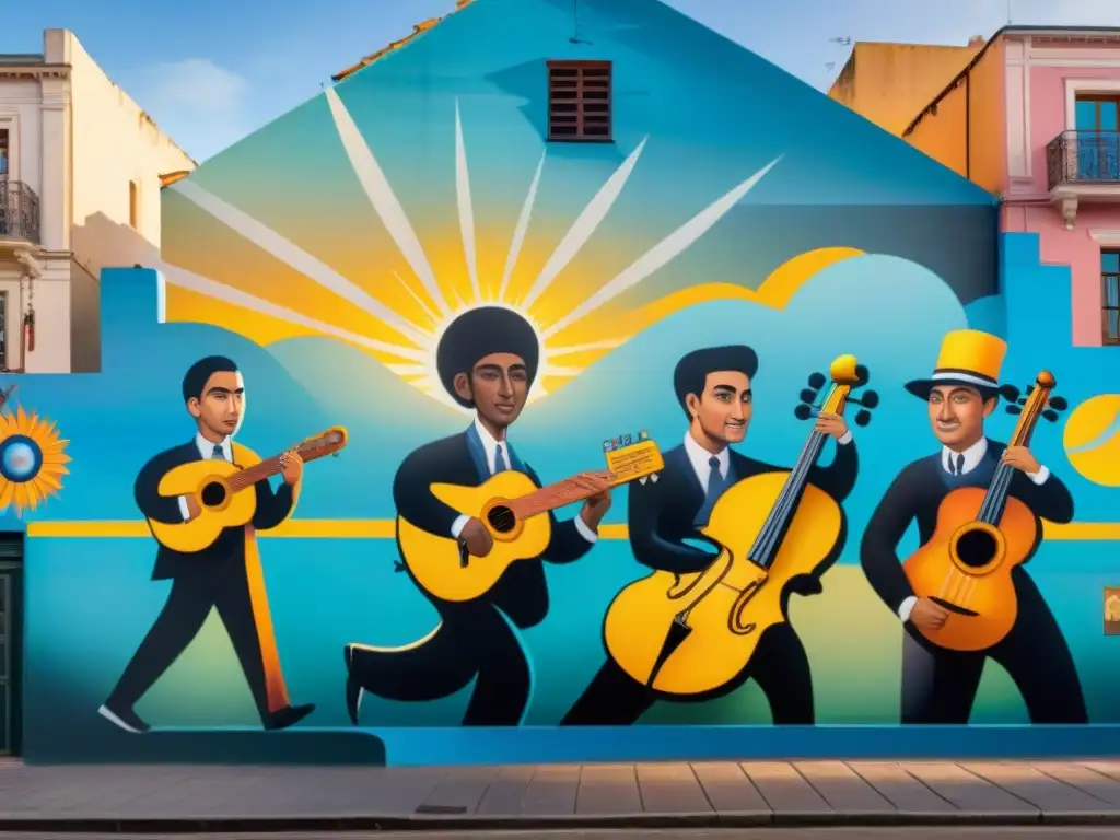 Detallado mural callejero en Montevideo, con músicos y arquitectura colonial