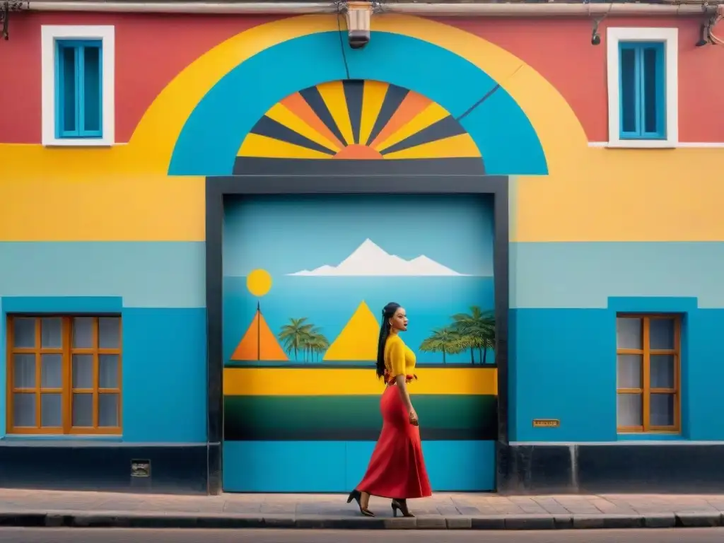 Detallado mural urbano en Montevideo, Uruguay, con símbolos culturales y texturas