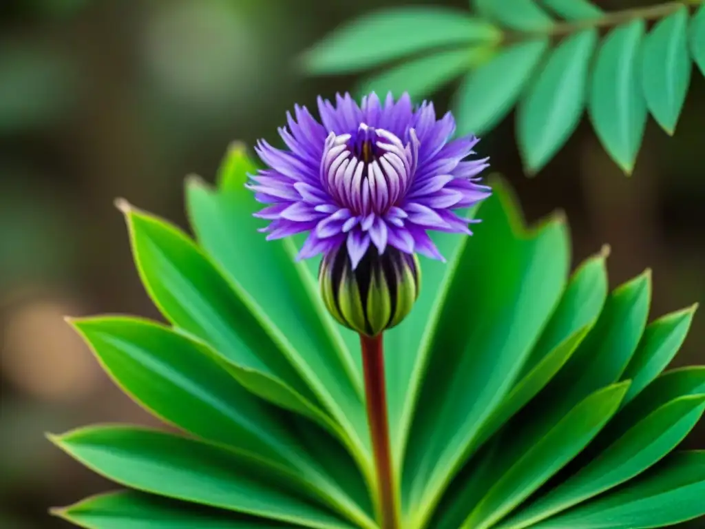 Un detallado primer plano de una vibrante flor morada de Tynanthus panurensis en un exuberante bosque de Uruguay