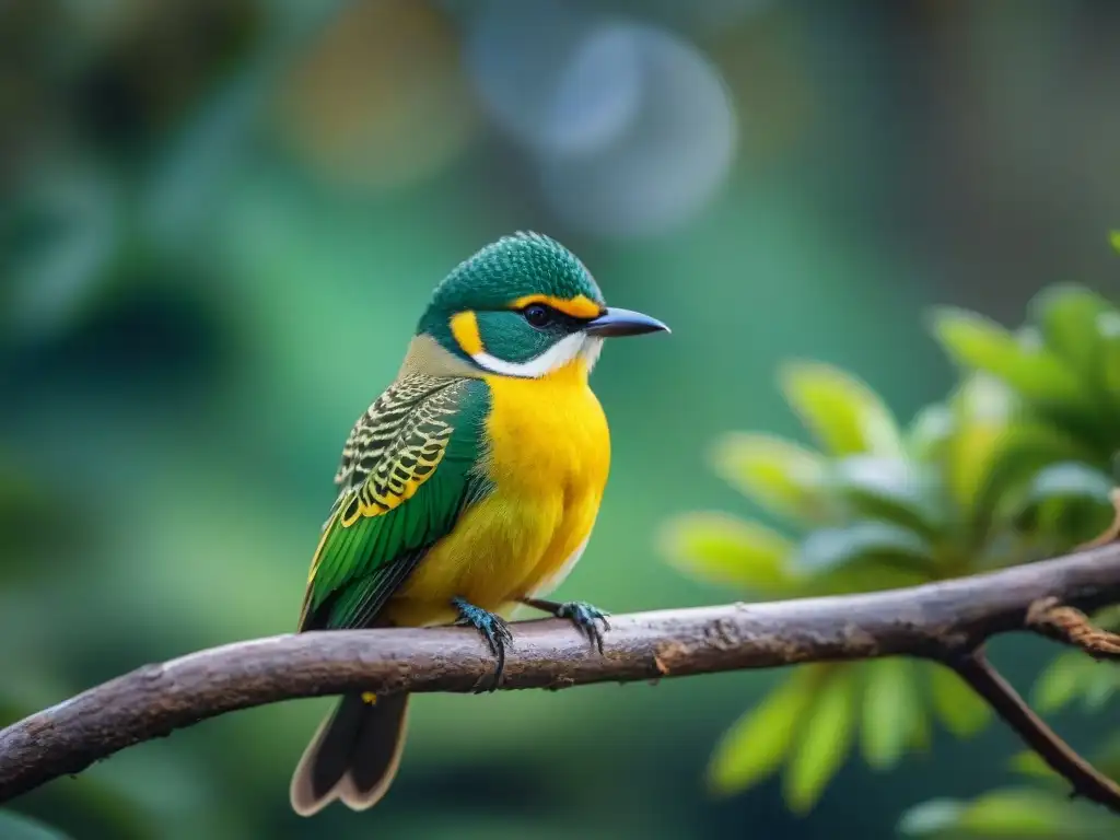 Detallado tucuquere verde y amarillo posado en rama de bosque uruguayo