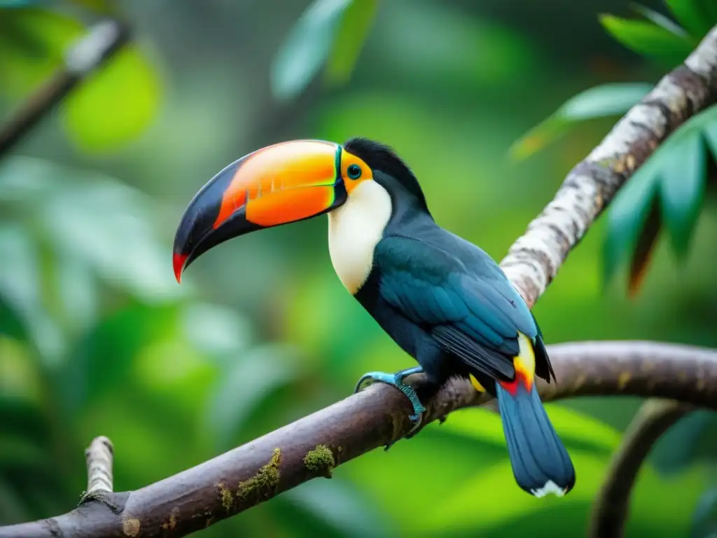 Un detallado y vibrante tucán en un bosque tropical