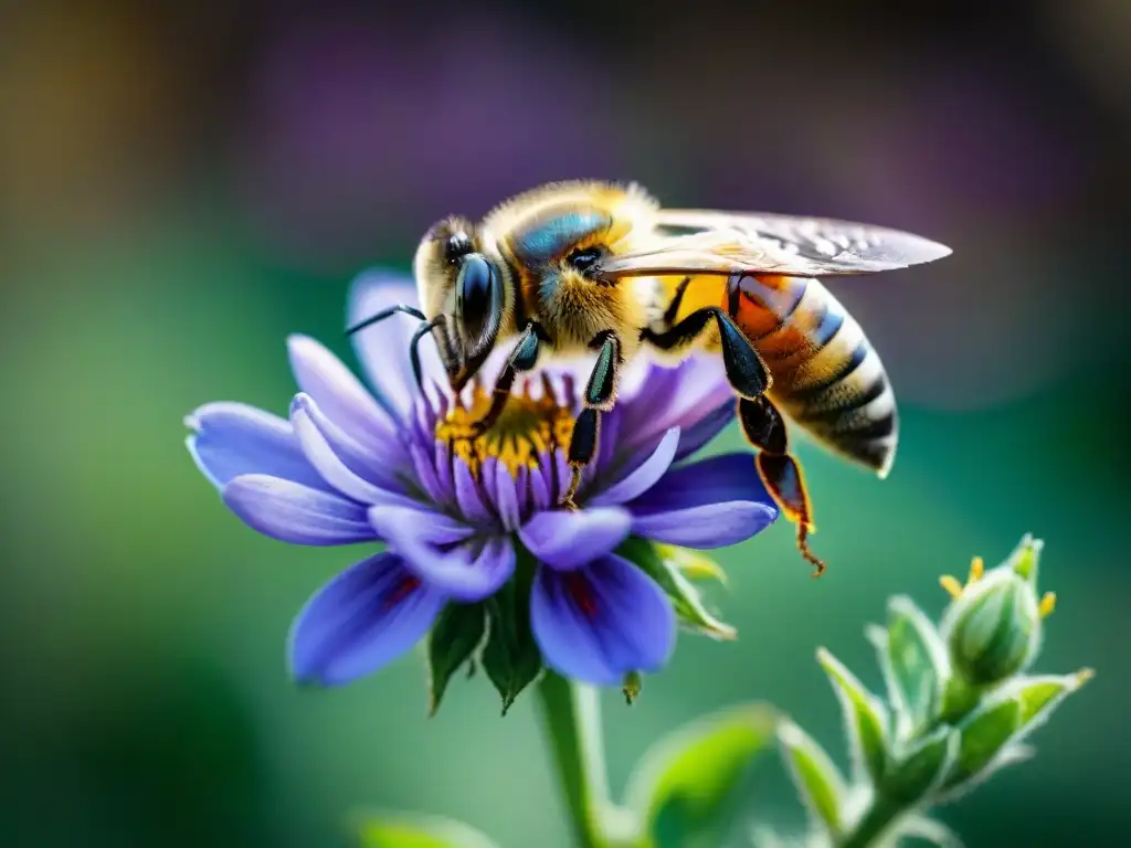 Detalle de una abeja recolectando néctar de una flor silvestre morada, resaltando la importancia de abejas en Uruguay