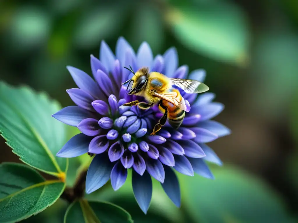 Detalle de abeja polinizando flor violeta en bosque uruguayo