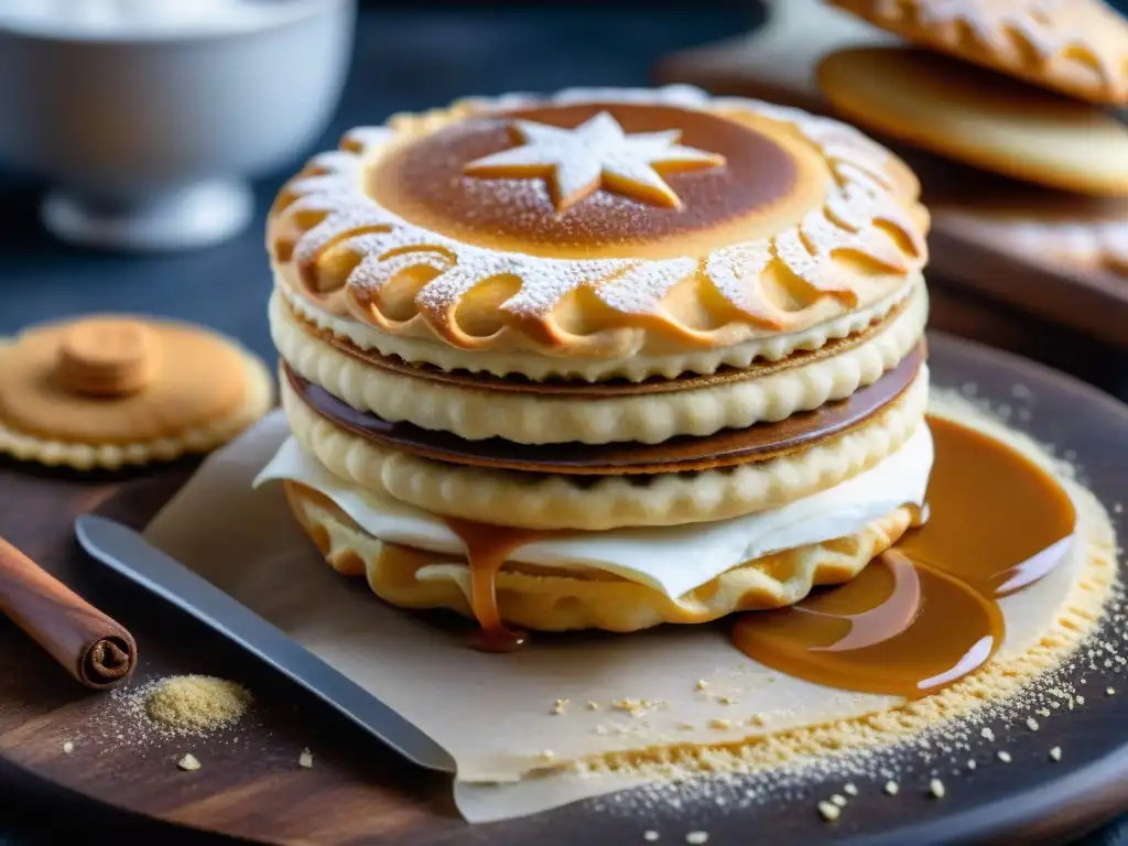 Detalle de un alfajor uruguayo siendo decorado con dulce de leche rodeado de utensilios de repostería