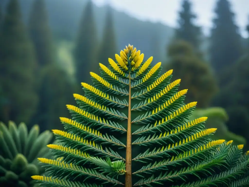 Detalle de un árbol Araucaria angustifolia amarillo vibrante en los bosques nativos de Uruguay