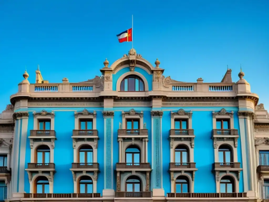 Detalle arquitectónico del icónico Palacio Salvo en Montevideo, resaltando su patrimonio cultural