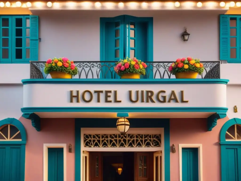 Detalle arquitectónico de un lujoso hotel boutique en Uruguay con balcones ornamentados y flores coloridas, mostrando elegancia y artesanía