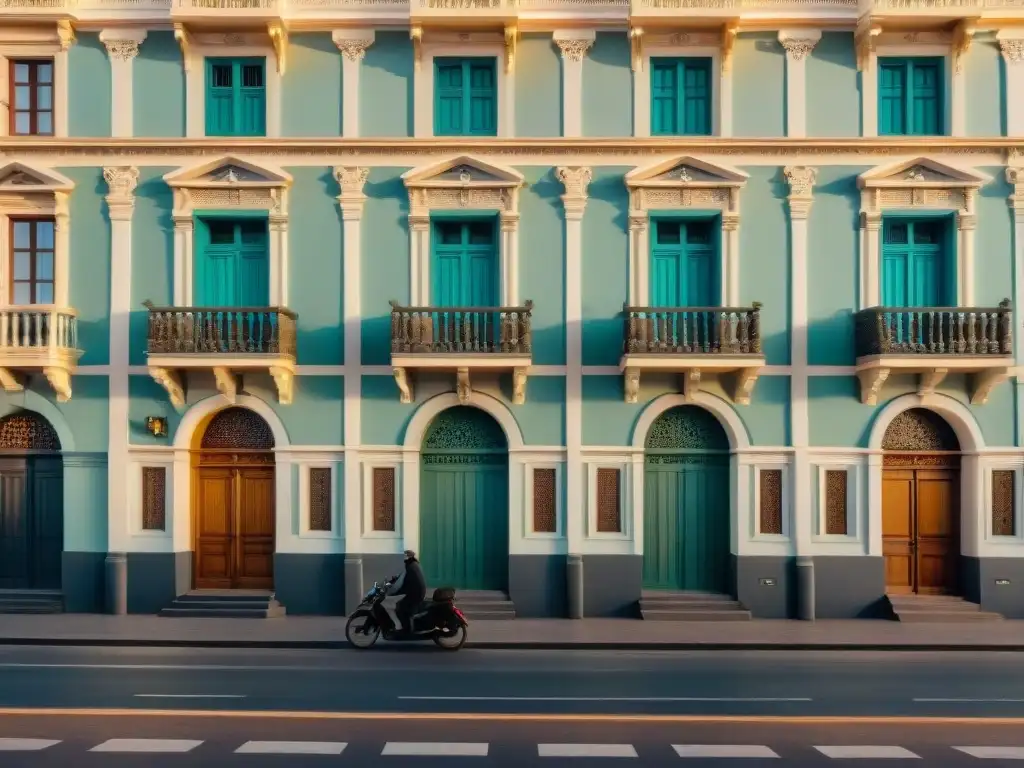 Detalle de la arquitectura colonial en Montevideo, Uruguay, resaltando la artesanía y elegancia de la época al anochecer