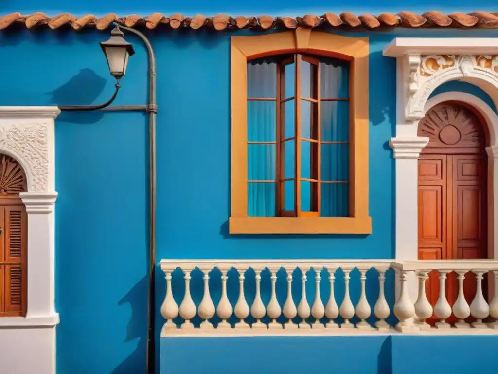 Detalle de arquitectura colonial en Uruguay con puerta tallada y bougainvillea en balcón de hierro forjado