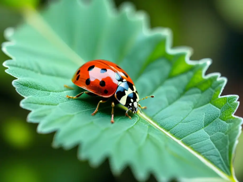 Detalle asombroso de una mariquita roja en una hoja verde en un jardín uruguayo, resaltando la magia de la macrofotografía