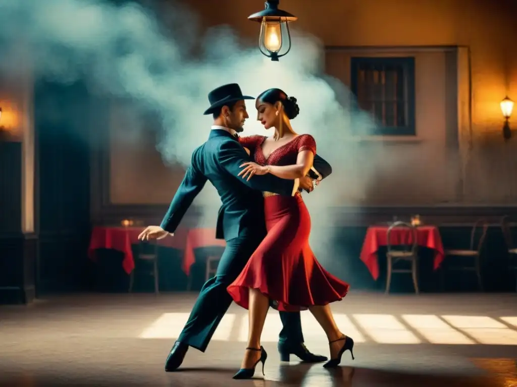 Detalle de dos bailarines de tango en vestimenta tradicional, mostrando la pasión y precisión del baile en Uruguay