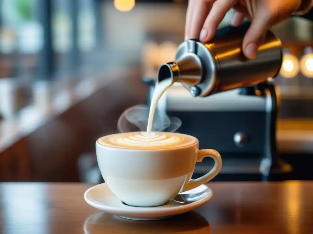 Detalle de barista creando arte latte en taza blanca con flor, en acogedor café