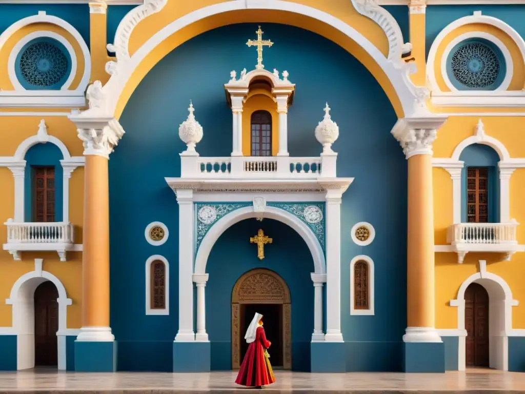 Detalle barroco del Museo San Francisco de Asís en Uruguay, resaltando su fachada ornamentada bajo la luz del sol