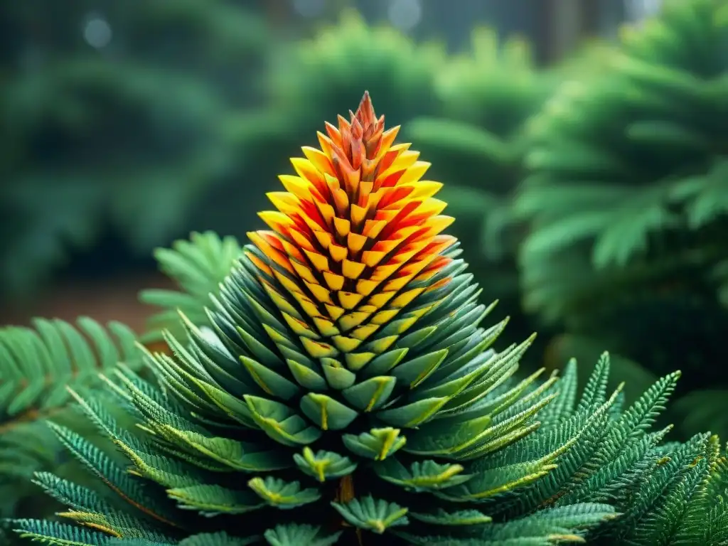 Detalle de una piña de Araucaria angustifolia en un bosque denso de Uruguay