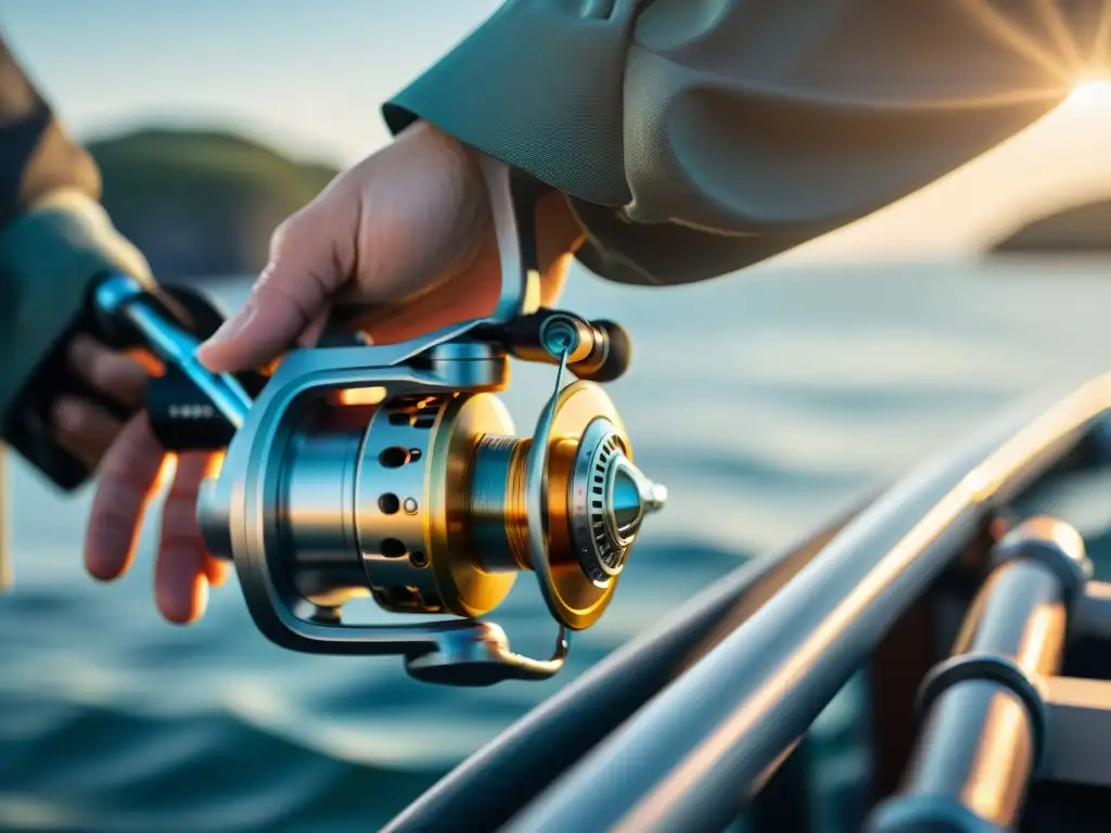 Detalle de carrete de pesca de alta tecnología en manos de pescador experimentado en barco, fusionando tecnología avanzada y pesca deportiva