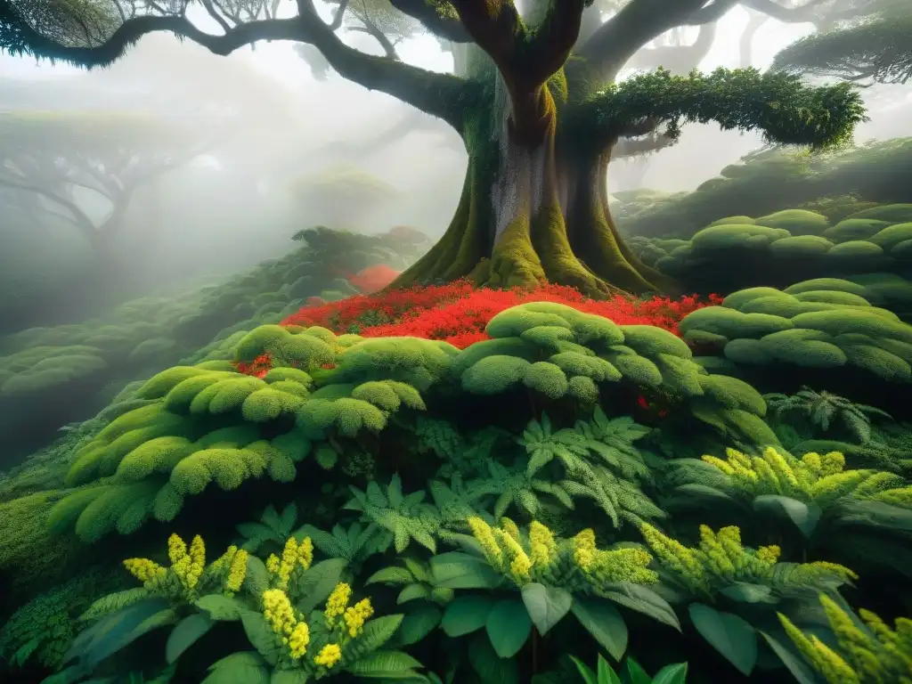 Detalle de Ceibo florecido en exuberante bosque de Uruguay, Reservas naturales biodiversidad Uruguay