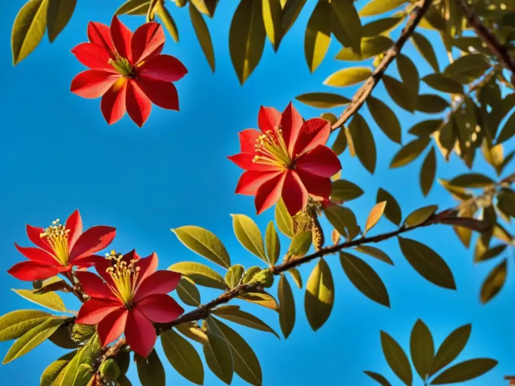 Detalle del Ceibo: vibrantes flores rojas y hojas verdes, cielo azul y sol suave