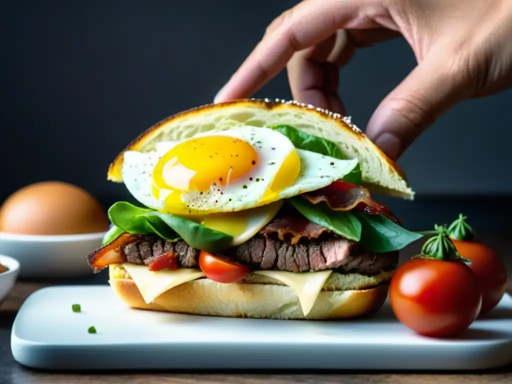 Detalle de chef armando un Chivito con precisión