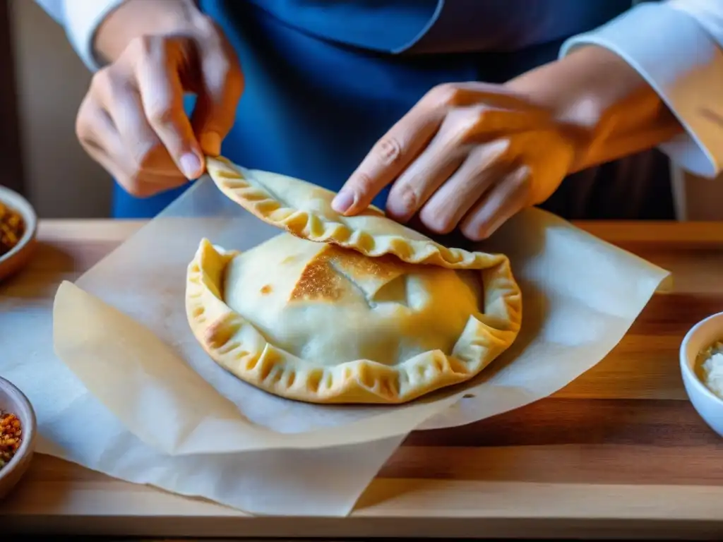 Detalle de chef sellando una receta auténtica empanadas uruguayas con destreza