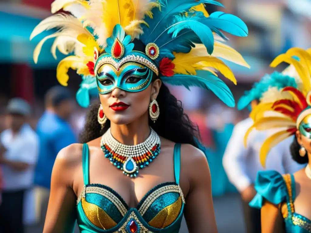 Detalle colorido del Carnaval uruguayo: trajes tradicionales con plumas y máscaras, capturando energía y pasión en la calle