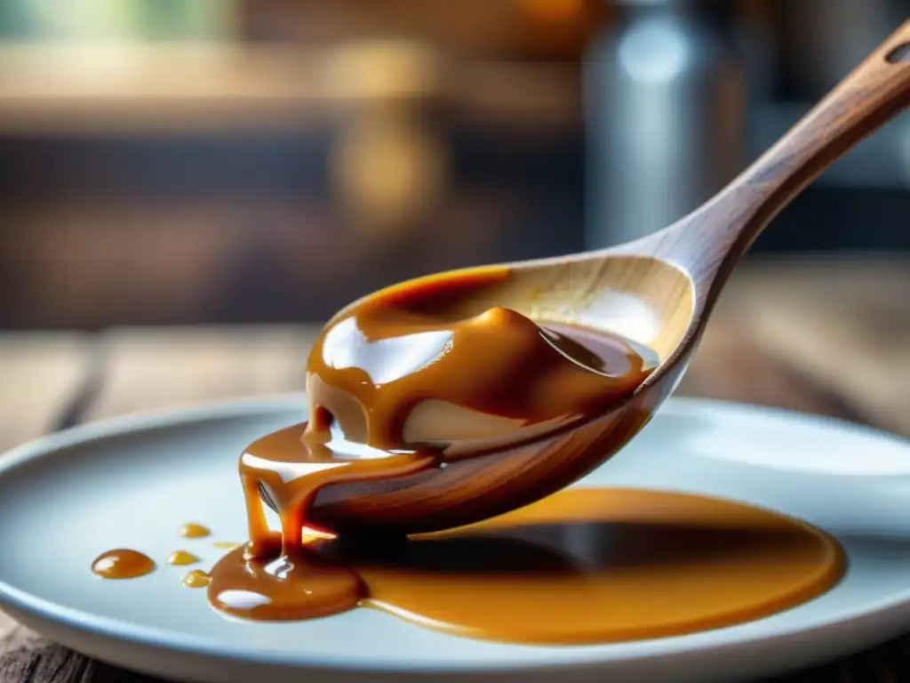 Detalle de cuchara de madera con dulce de leche uruguayo auténtico goteando, en una cocina rústica