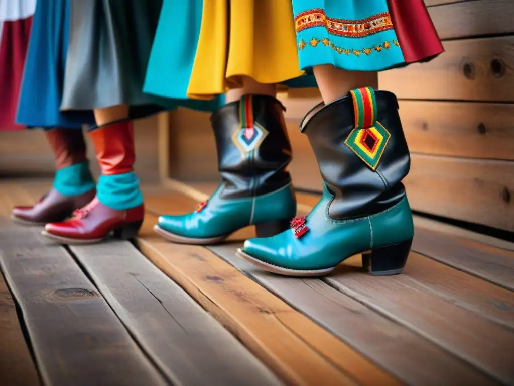 Detalle de danza folclórica uruguaya: pies de bailarines con botas de cuero coloridas, tradiciones y pasión en cada paso