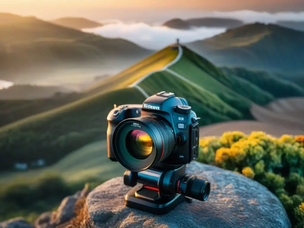 Detalle de una DSLR en paisaje uruguayo al atardecer, cámaras de acción vs DSLR Uruguay