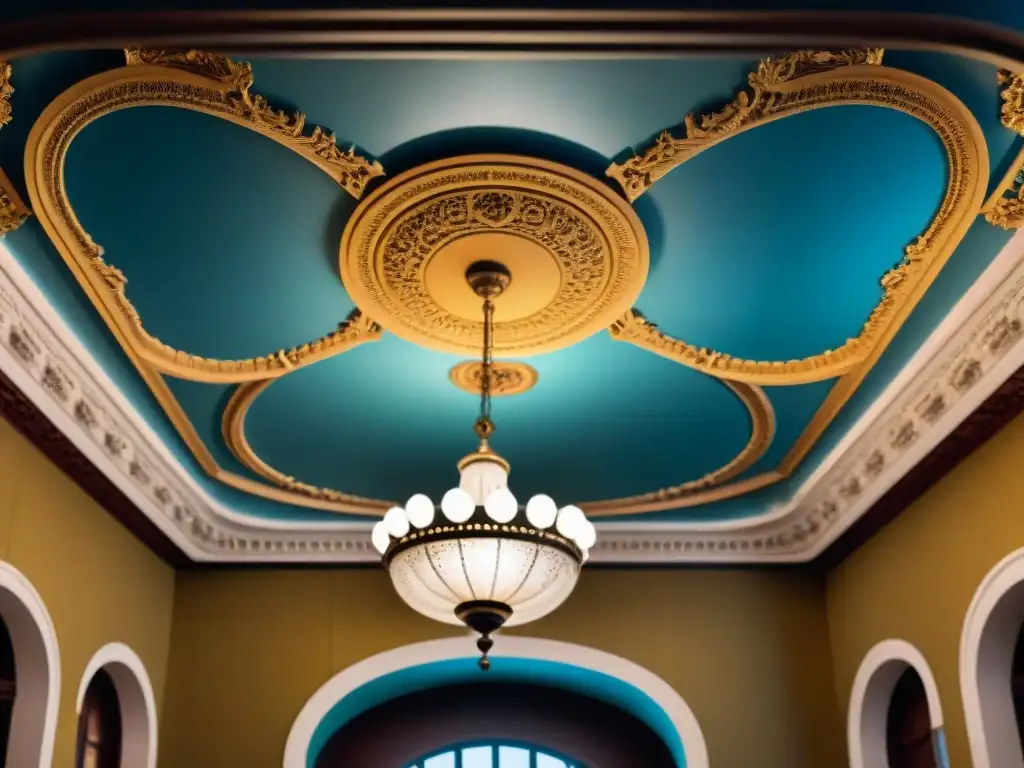 Detalle del elegante techo del Teatro Solís en Montevideo durante una visita guiada