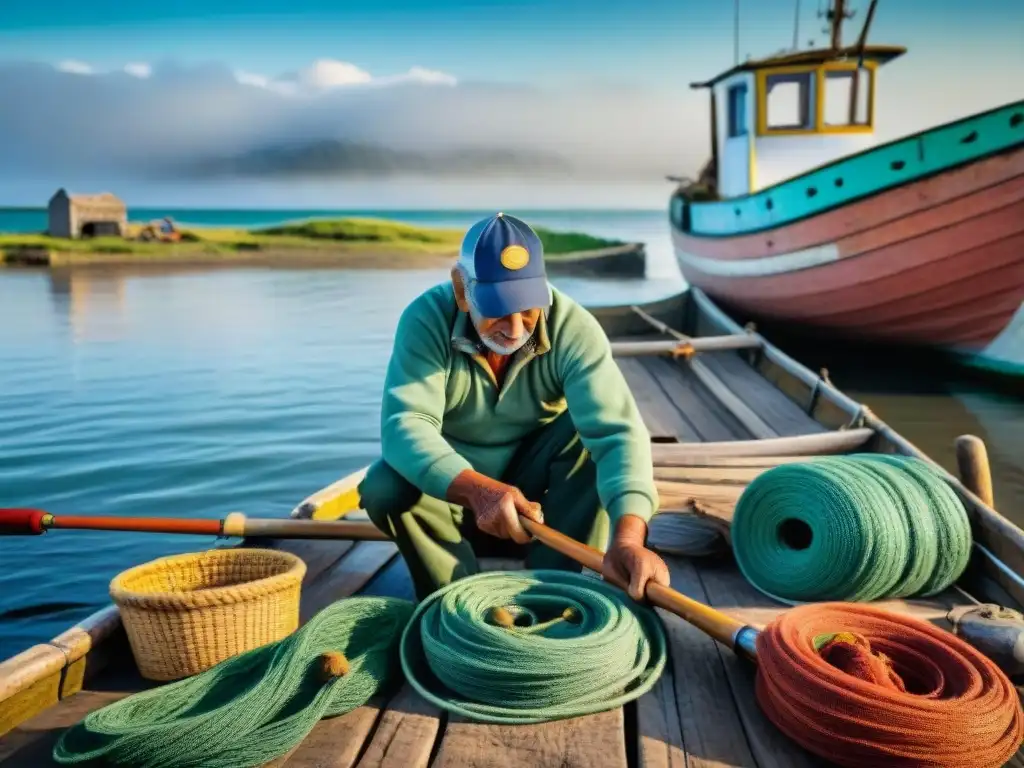 Detalle de equipamiento de pesca auténtica en Uruguay, con caña y carrete desgastados, en un pintoresco pueblo pesquero