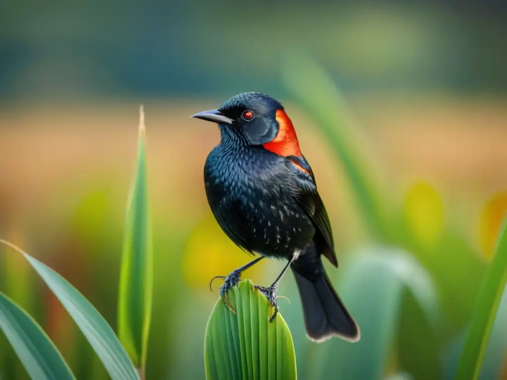 Detalle excepcional de un Tordo Amarillo posado en un junco, reflejando la observación de aves en Uruguay