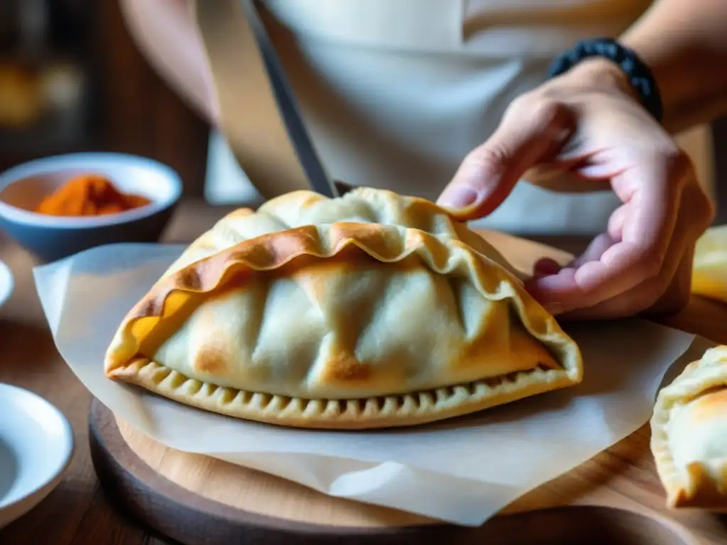 Detalle experto de manos plegando una empanada uruguaya, mostrando la artesanía culinaria