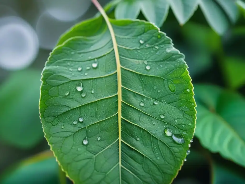 Detalle exquisito de una hoja verde cubierta de rocío, reflejo de la belleza natural en Uruguay