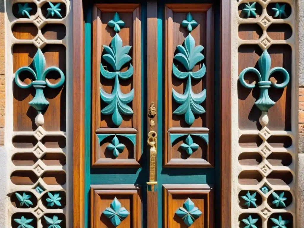 Detalle exquisito de las tallas en las puertas de madera de una iglesia colonial en Colonia, Uruguay