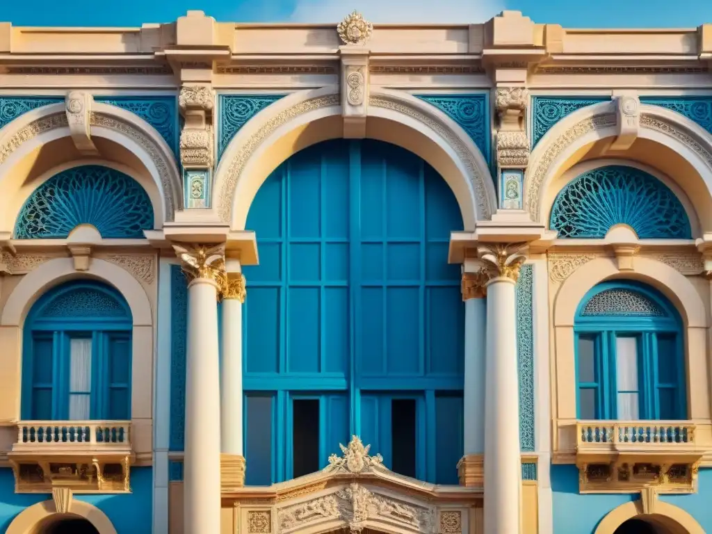 Detalle de la fachada del histórico Teatro Solís en Montevideo, Uruguay, destacando su patrimonio arquitectónico