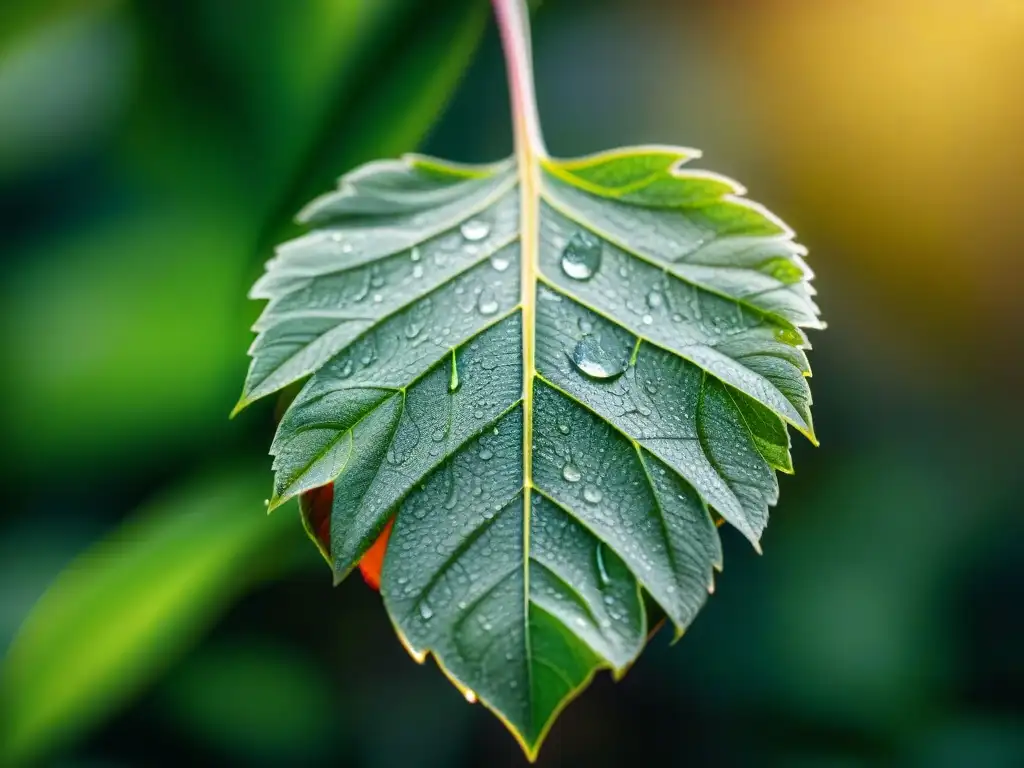 Detalle fascinante de una hoja verde con gotas de agua brillantes al sol, conectando con Ecoturismo en Uruguay madre tierra